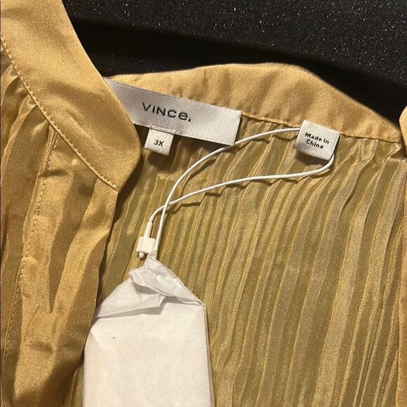 Vince SILK Yellow Pleated Blouse with Mandarin Collar - Picture 3 of 6
